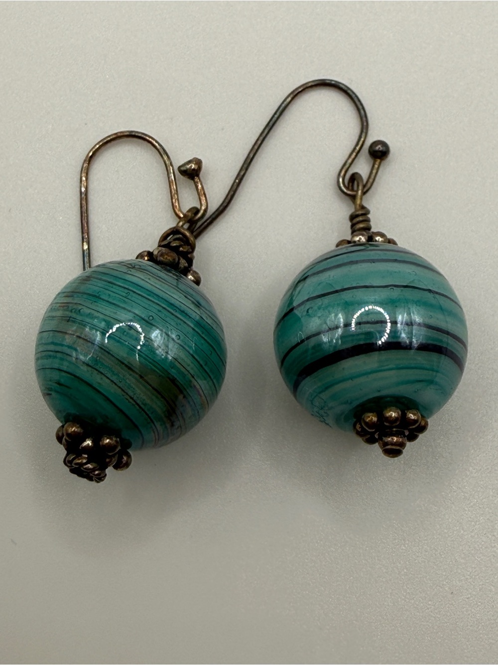 Turquoise Striped Glass Drop Earrings - Unbranded